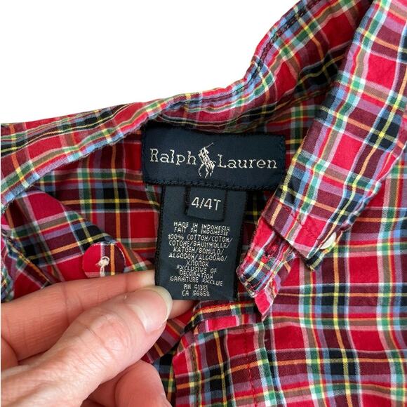RALPH LAUREN Boys Red Plaid Button Down Size 4/4T - Picture 3 of 4